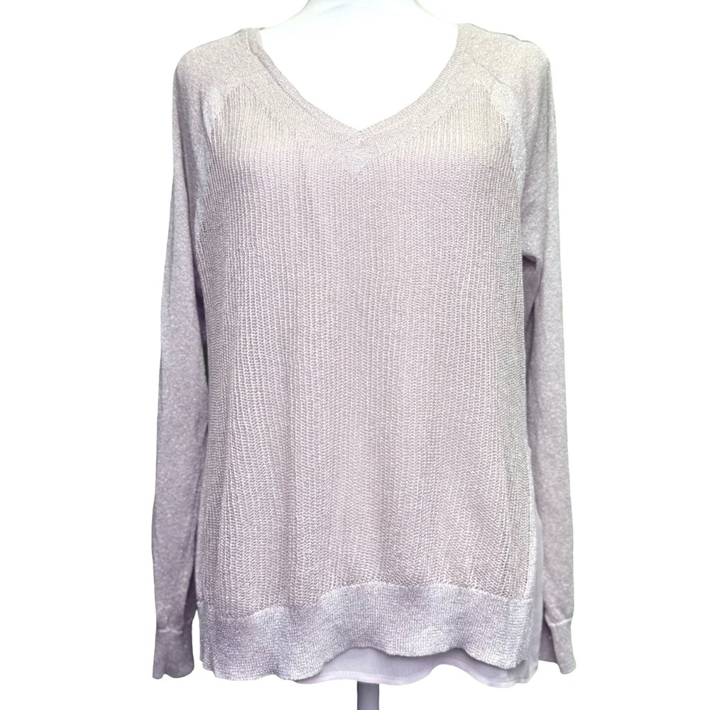 Lucky Brand Womens Large Metallic Knit Sweater V Neck Layered Hem NWT